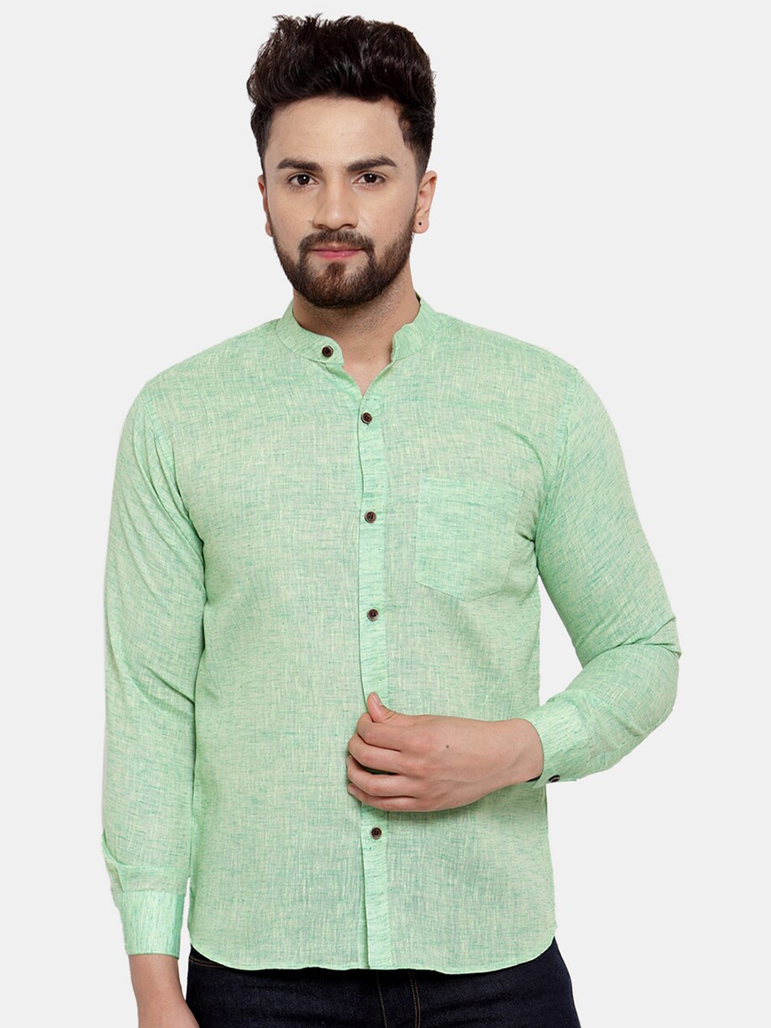 

Enchanted Drapes Slim Fit Pure Cotton Mandarin Collar Casual Shirt, Green