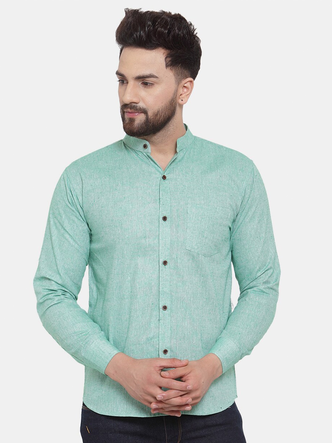 

Enchanted Drapes Slim Fit Pure Cotton Mandarin Collar Casual Shirt, Green