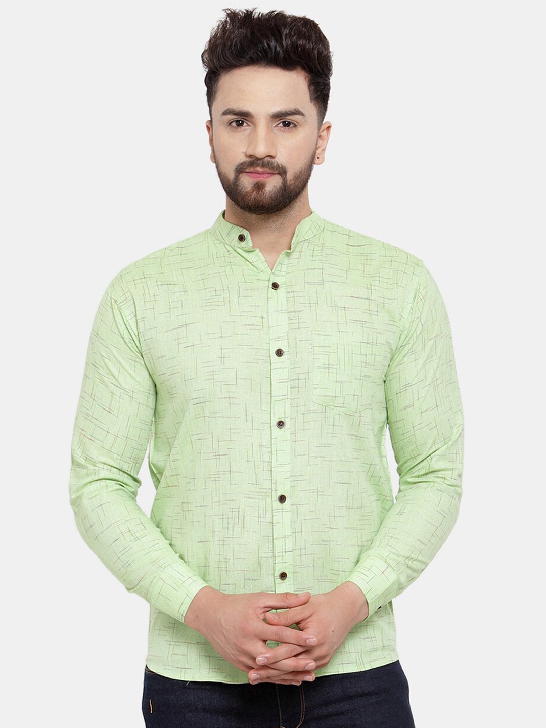 

Enchanted Drapes Band Collar Abstract Printed Slim Fit Pure Cotton Casual Shirt, Green