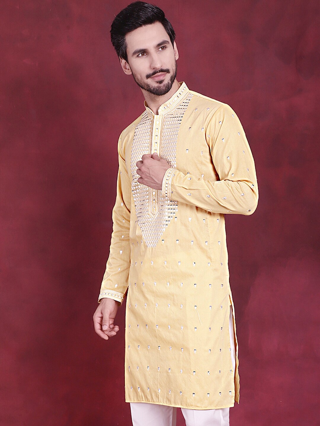 

Jompers Men Yellow & Off White Embroidered Sequinned Kurta