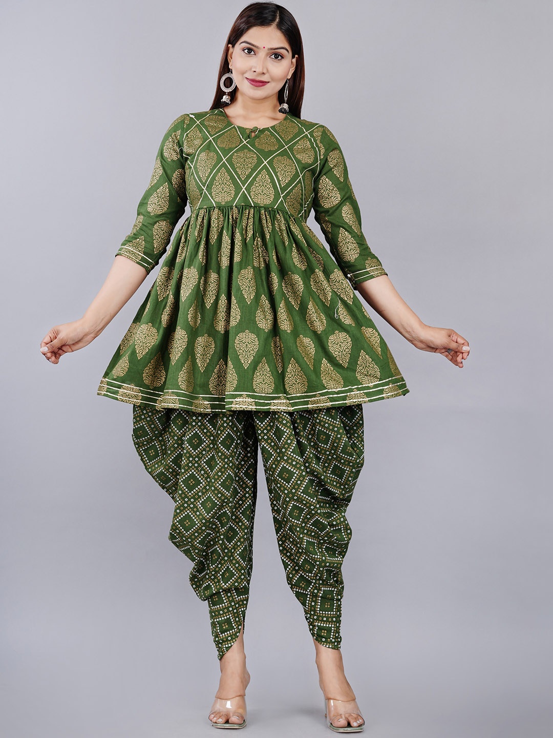 

KALINI Ethnic Motifs Printed Keyhole Neck A-Line Kurta with Dhoti Pants, Green