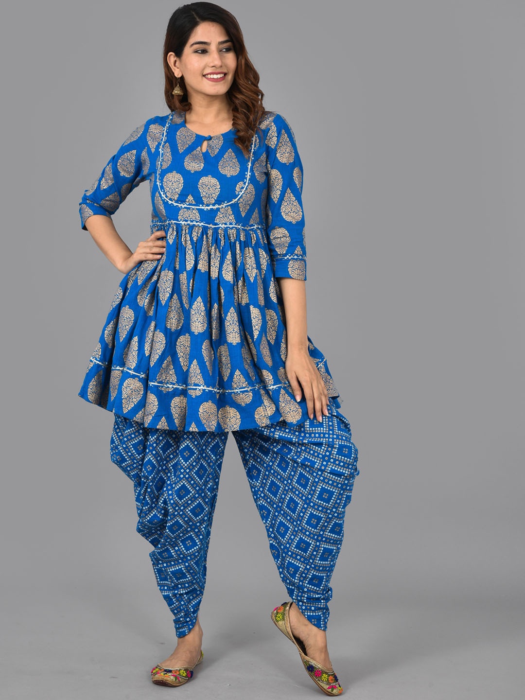

KALINI Ethnic Motifs Printed Keyhole Neck A-Line Kurta with Dhoti Pants, Blue