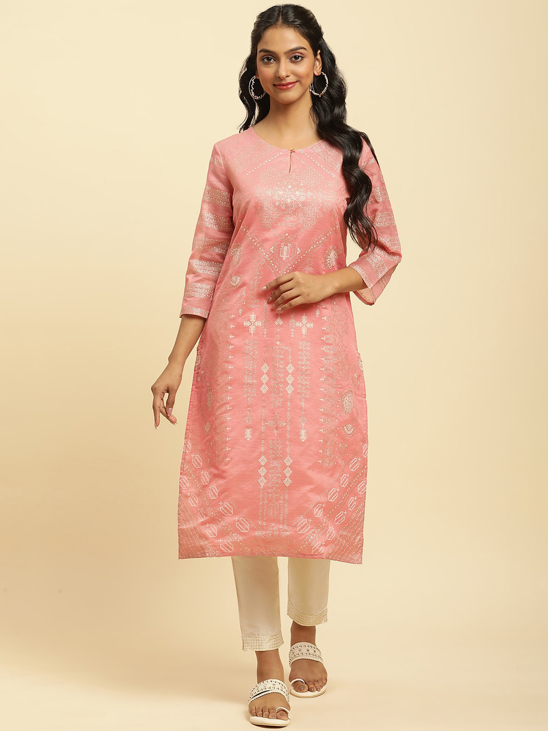 

W Ethnic Motifs Printed Keyhole Neck Kurta, Pink