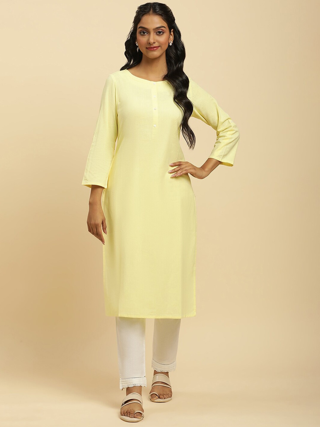 

W Round Neck Thread Work Straight Kurta, Yellow