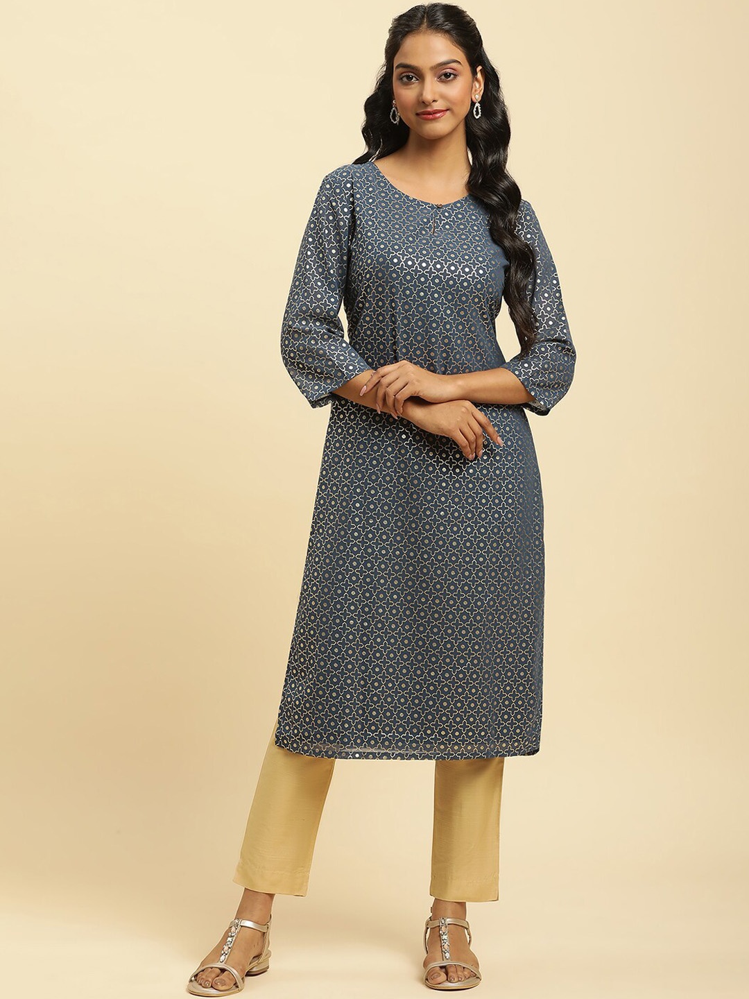 

W Ethnic Motifs Printed Keyhole Neck Kurta, Navy blue