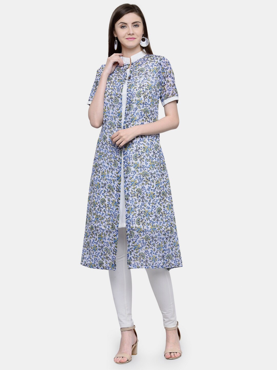 

Enchanted Drapes Floral Printed Georgette Coat Attached Layered Kurta, White