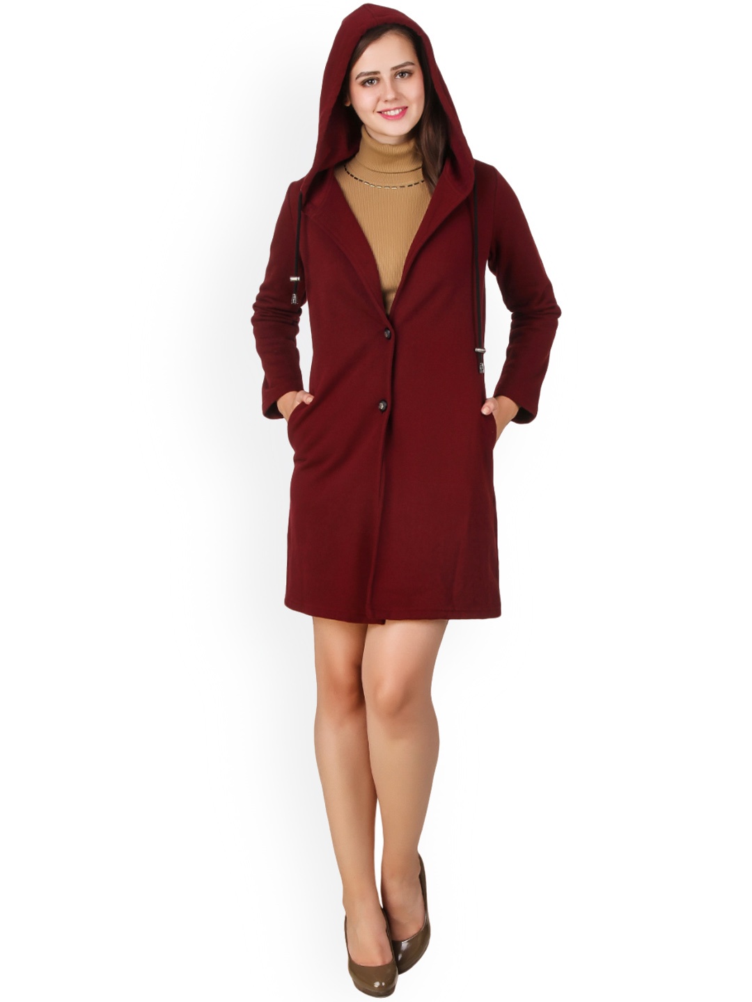 

Texco Single-Breasted Hooded Long Overcoat, Maroon