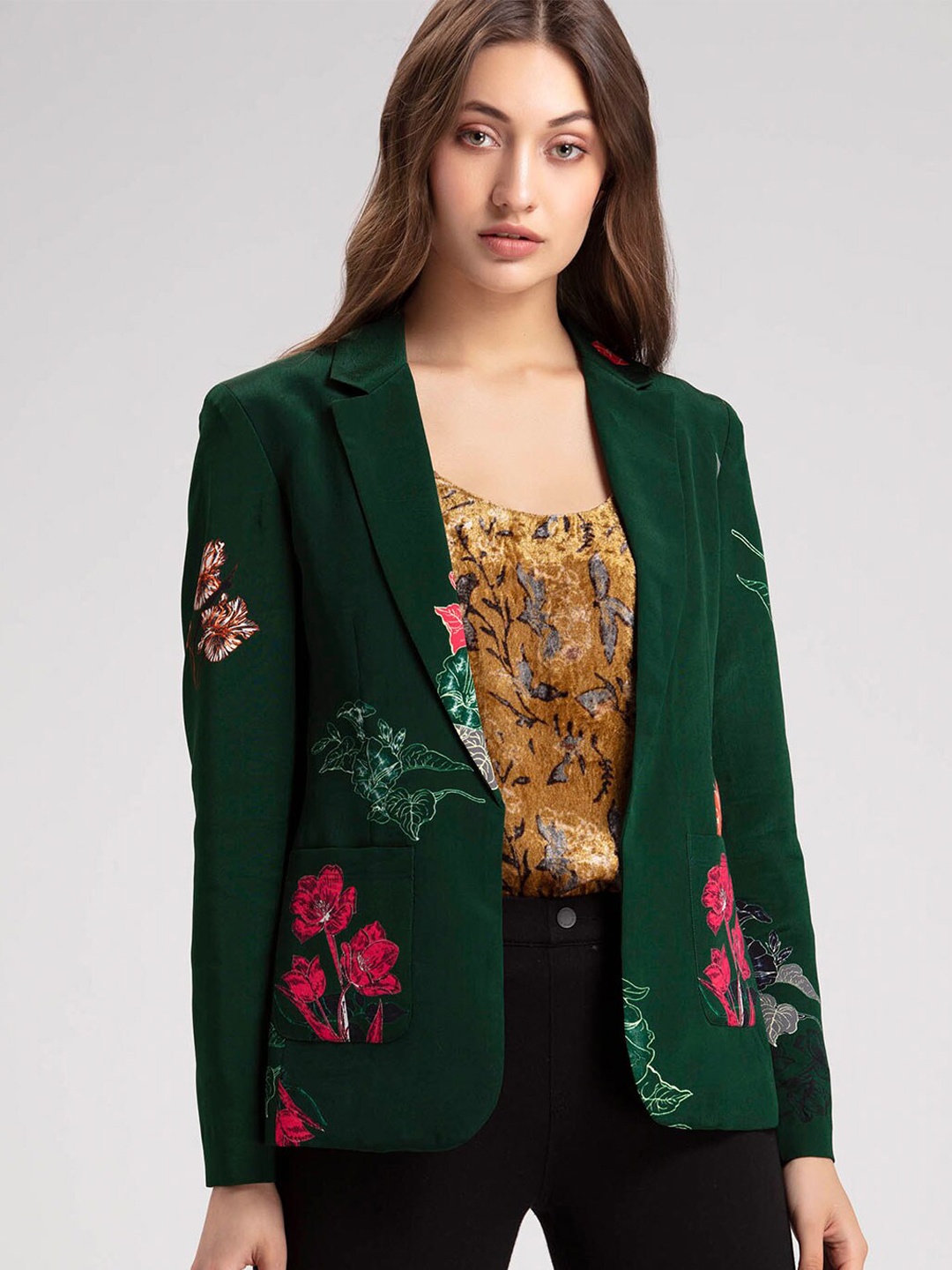 

SHAYE Tailored Fit Printed Notched Lapel Open Front Blazers, Green