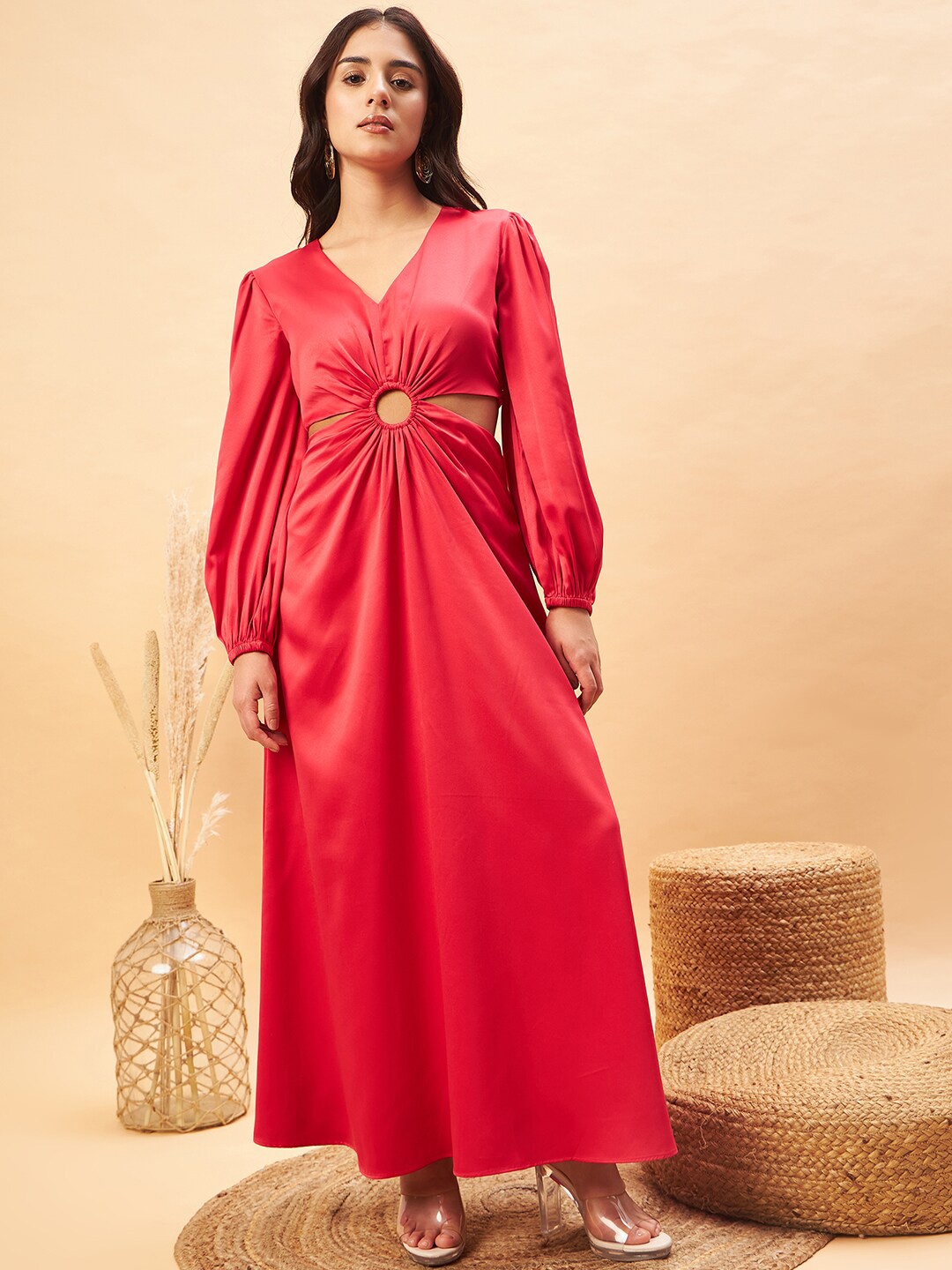 

MAGRE V-Neck Cut-Out Detailed Satin Maxi Dress, Red