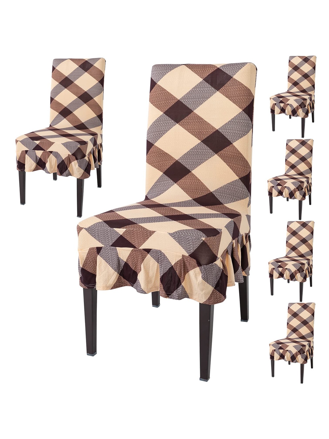 

HOKIPO Beige & Brown 6 Pieces Printed Stretchable Frill Chair Covers