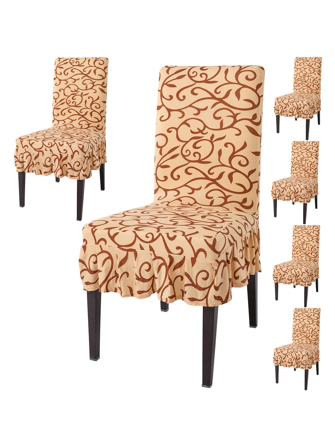 

HOKIPO Beige & Brown 6 Pieces Printed Stretchable Frill Chair Covers