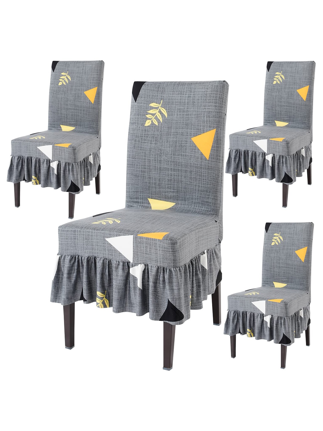 

HOKIPO Grey & Yellow 4 Pieces Printed Stretchable Frill Chair Covers