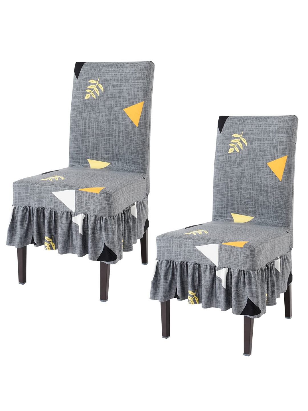 

HOKIPO Grey & Yellow 2 Pieces Printed Stretchable Frill Chair Covers