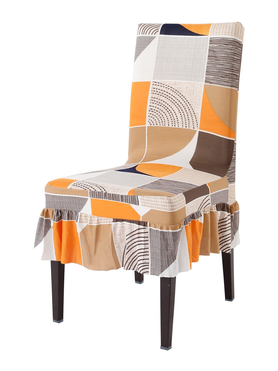 

HOKIPO Brown & Orange Printed Stretchable Frill Chair Cover