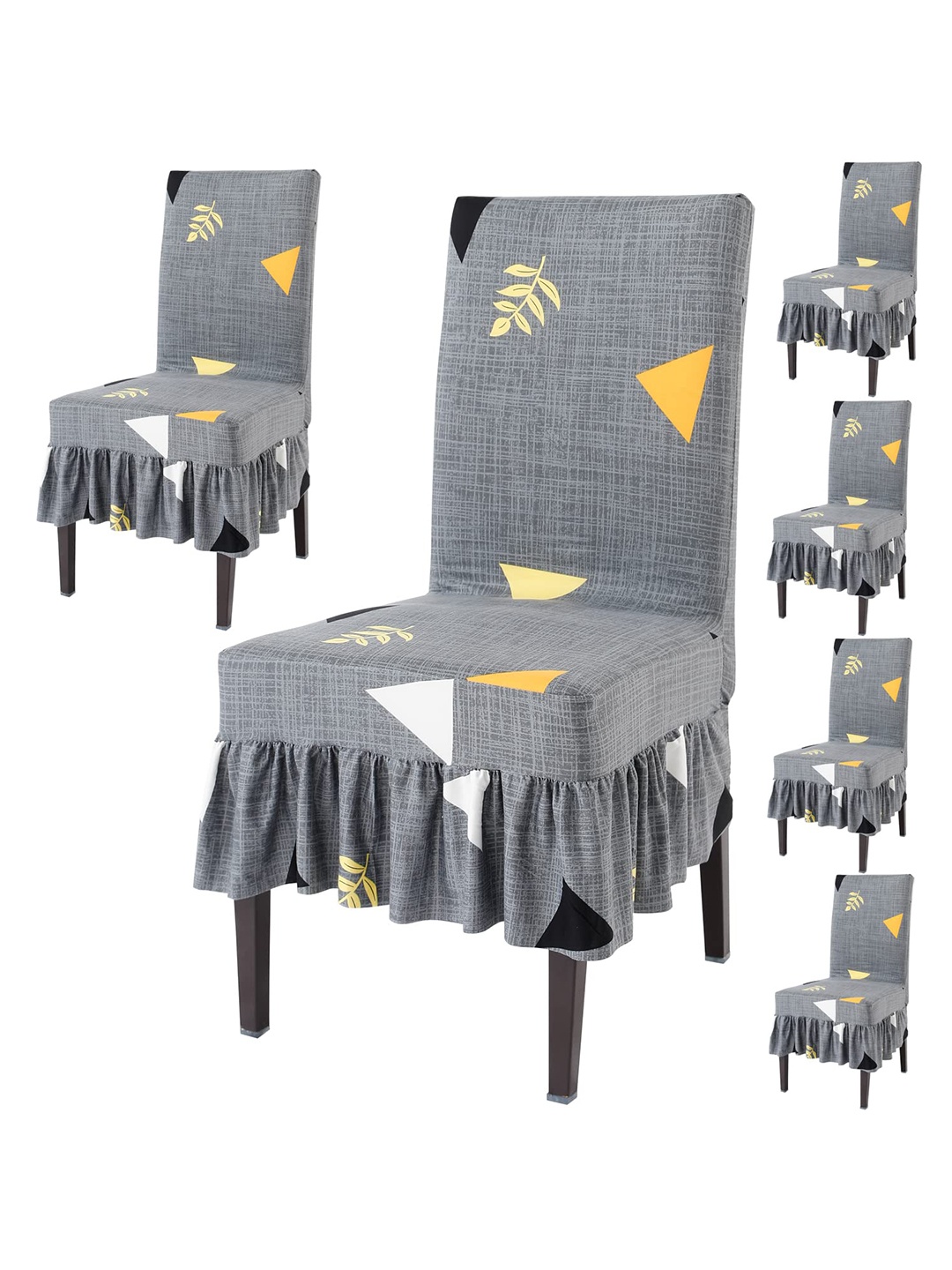 

HOKIPO Grey 6 Pieces Printed Stretchable Frill Chair Covers