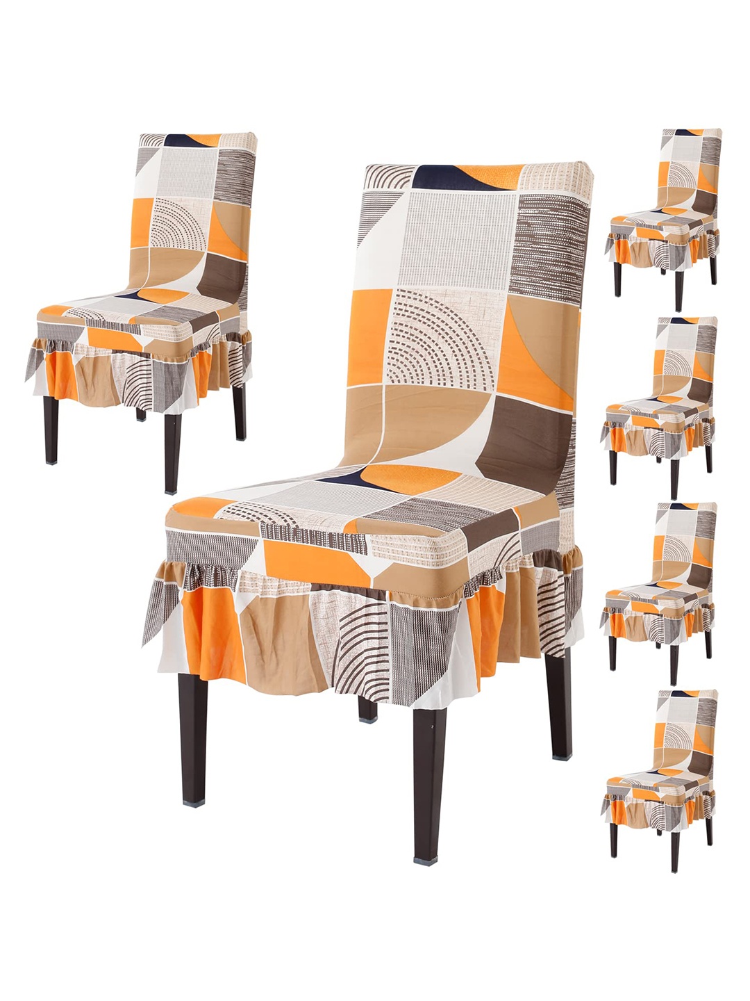 

HOKIPO 6 Pieces Brown & Orange Printed Frill Stretchable Chair Covers