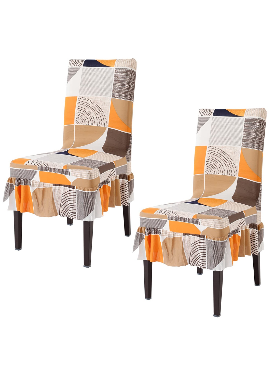 

HOKIPO Brown & Orange 2 Pieces Geometric Printed Stretchable Frill Chair Covers