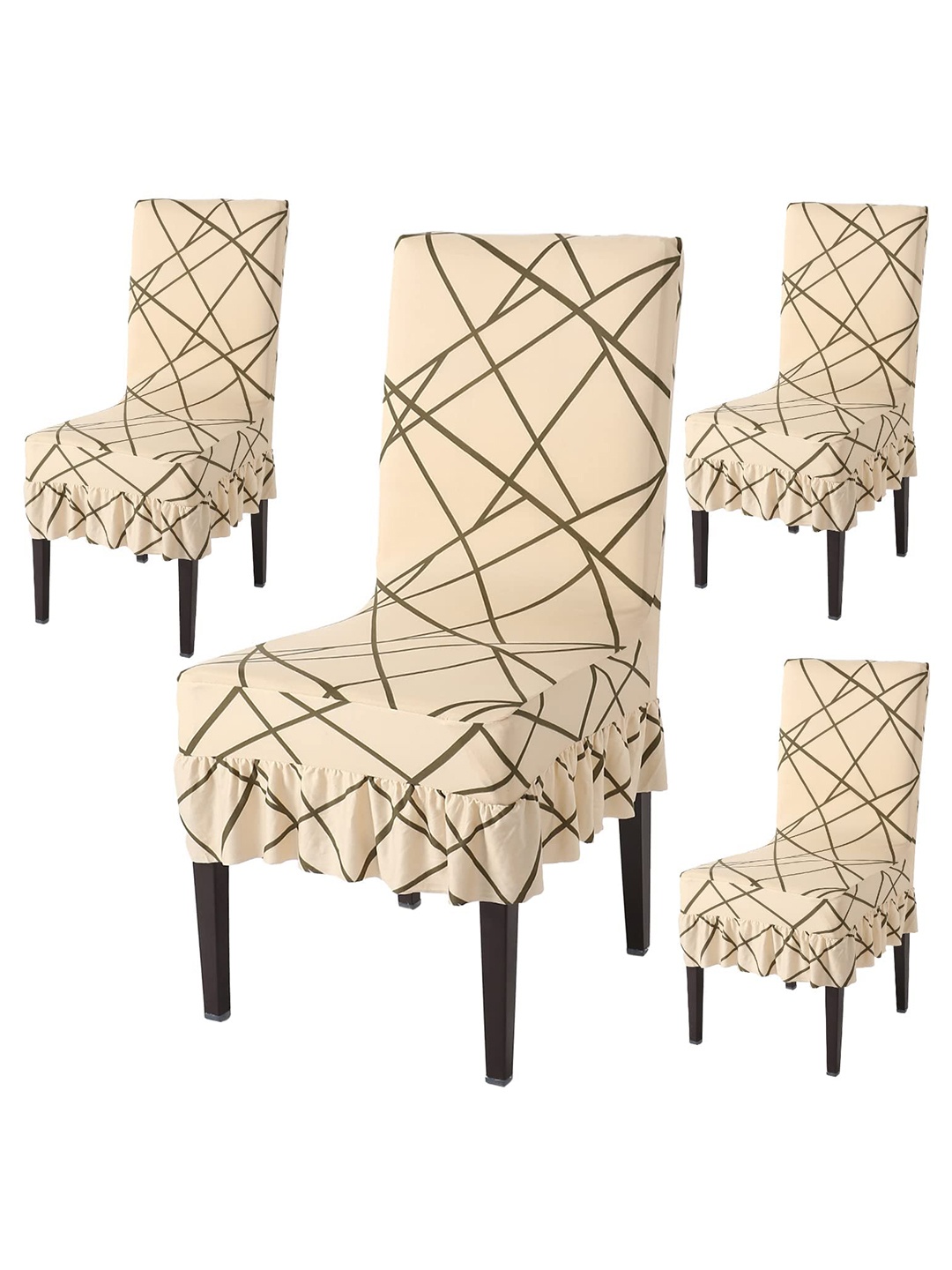 

HOKIPO Beige & Brown 4 Pieces Printed Stretchable Frill Chair Covers