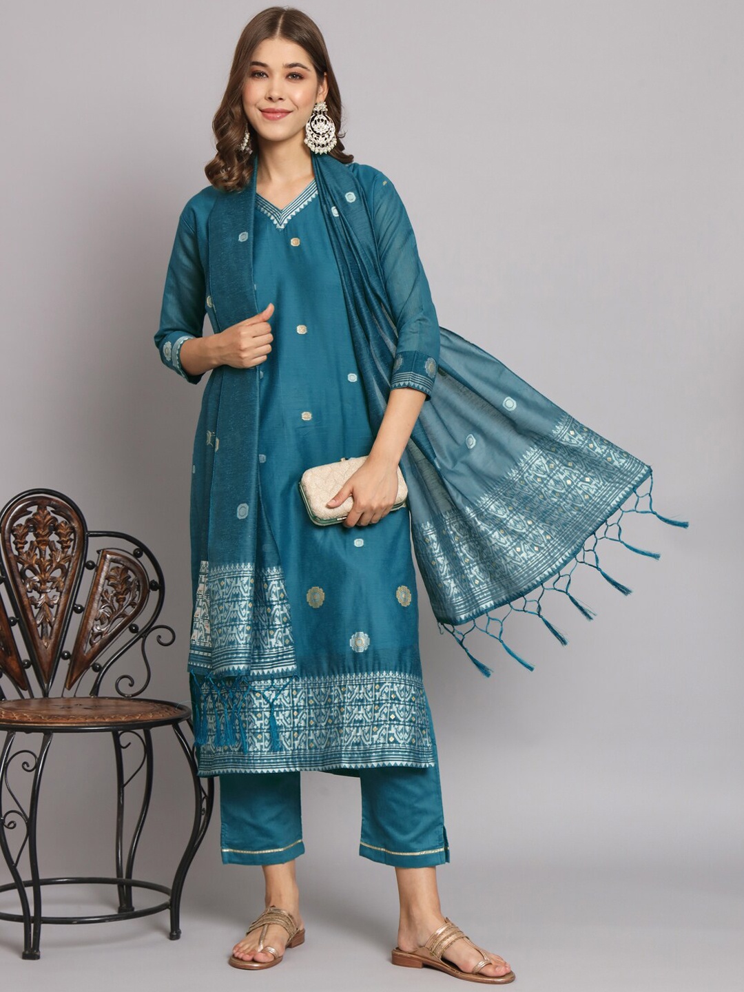 

KALINI Geometric Woven Design V-Neck Cotton Silk Straight Kurta & Trouser With Dupatta, Teal