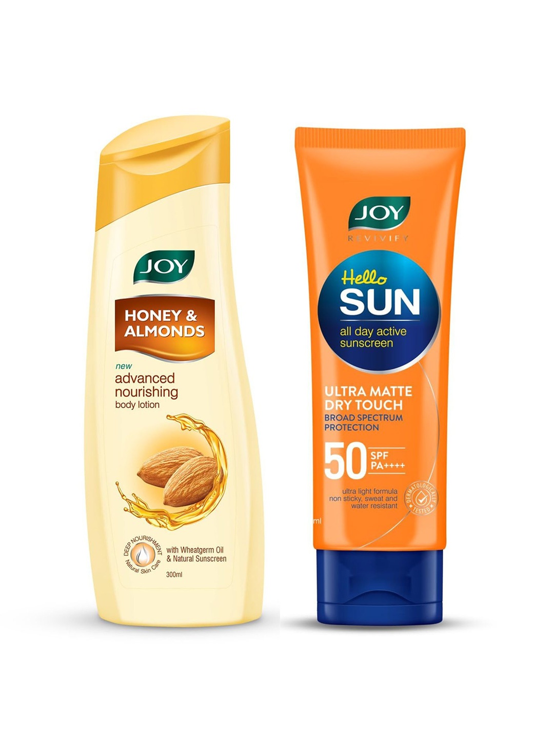 

JOY Honey & Almonds Advanced Nourishing Body Lotion 300ml & Hello Sun SPF50 Sunscreen 50ml, Orange