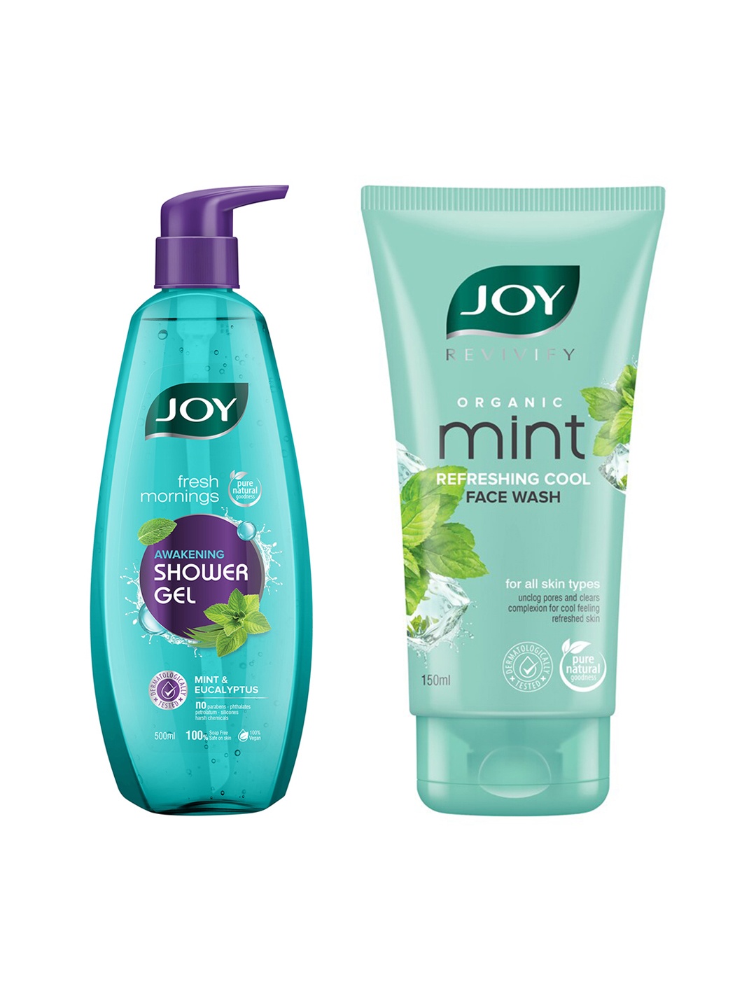 

JOY Fresh Mornings Awakening Shower Gel 500ml & Organic Mint Refreshing Face Wash 150ml, Blue