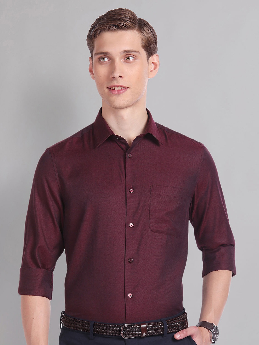 

AD By Arvind Regular Fit Dobby Formal Shirt, Burgundy