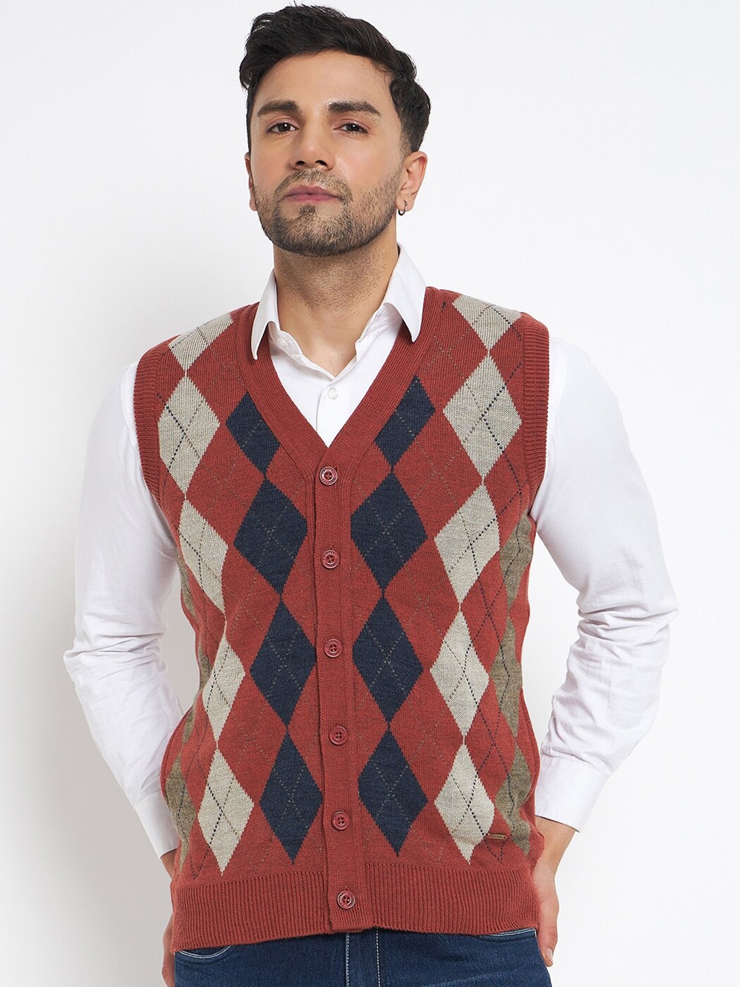 

Duke Geometric Self Design Acrylic Sweater Vest, Rust