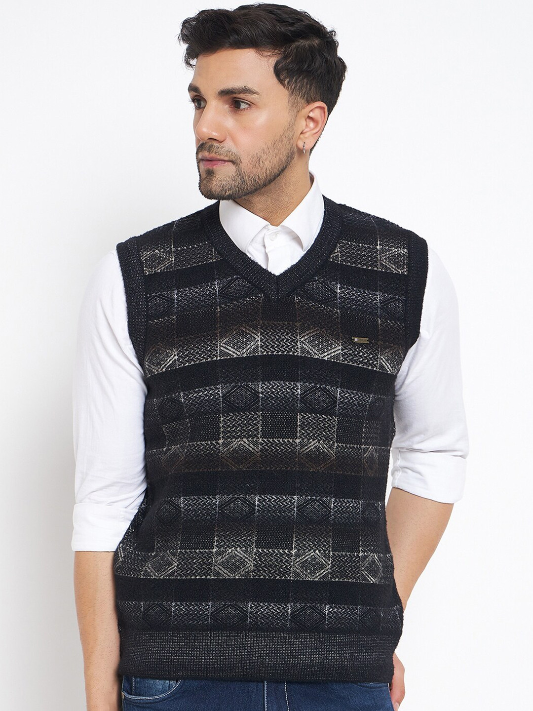 

Duke Geometric Self Design Sleeveless Pullover Acrylic Sweater Vest, Black