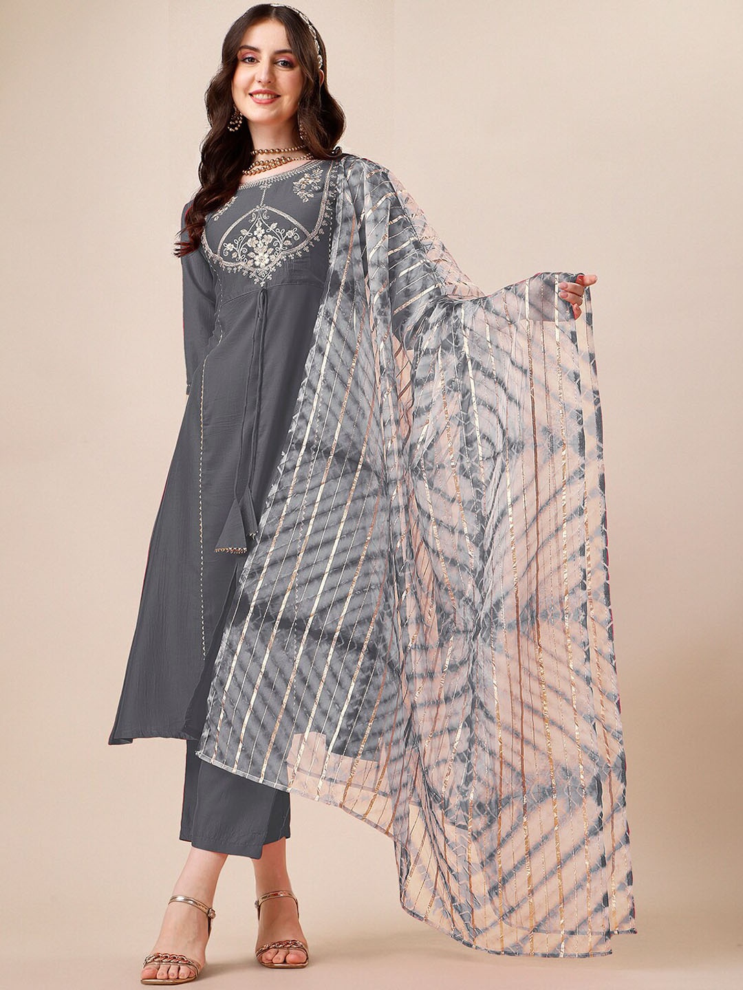 

KALINI Ethnic Motifs Yoke Design Gotta Patti A-Line Kurta & Trousers With Dupatta, Grey