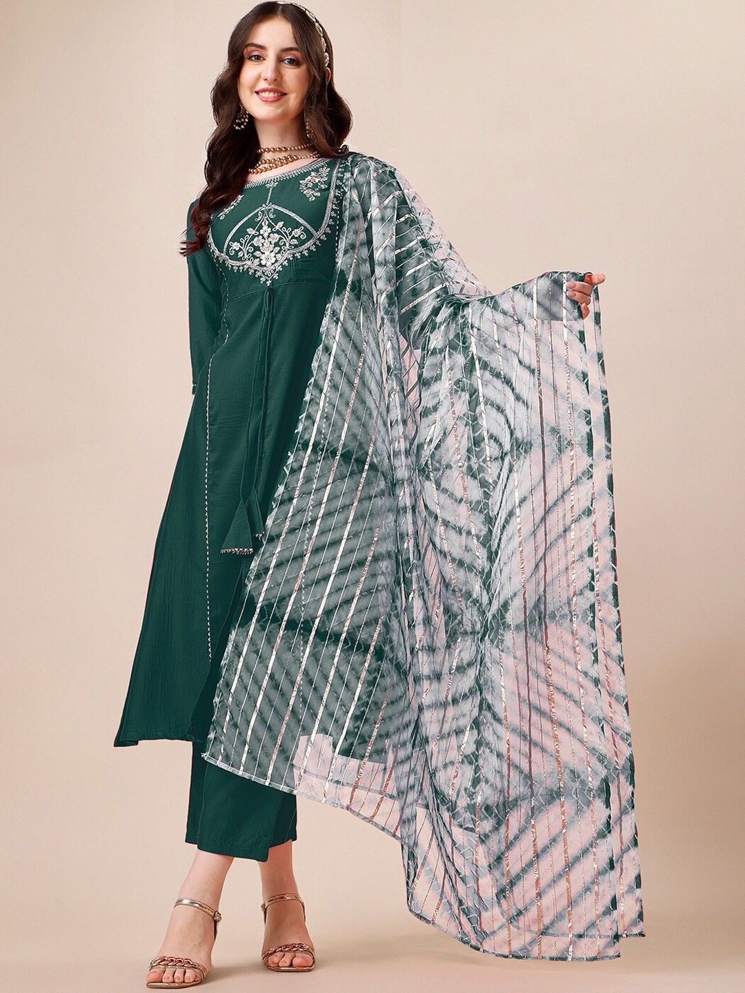 

KALINI Ethnic Motifs Yoke Design Thread Work Detail A-Line Kurta & Trouser With Dupatta, Green