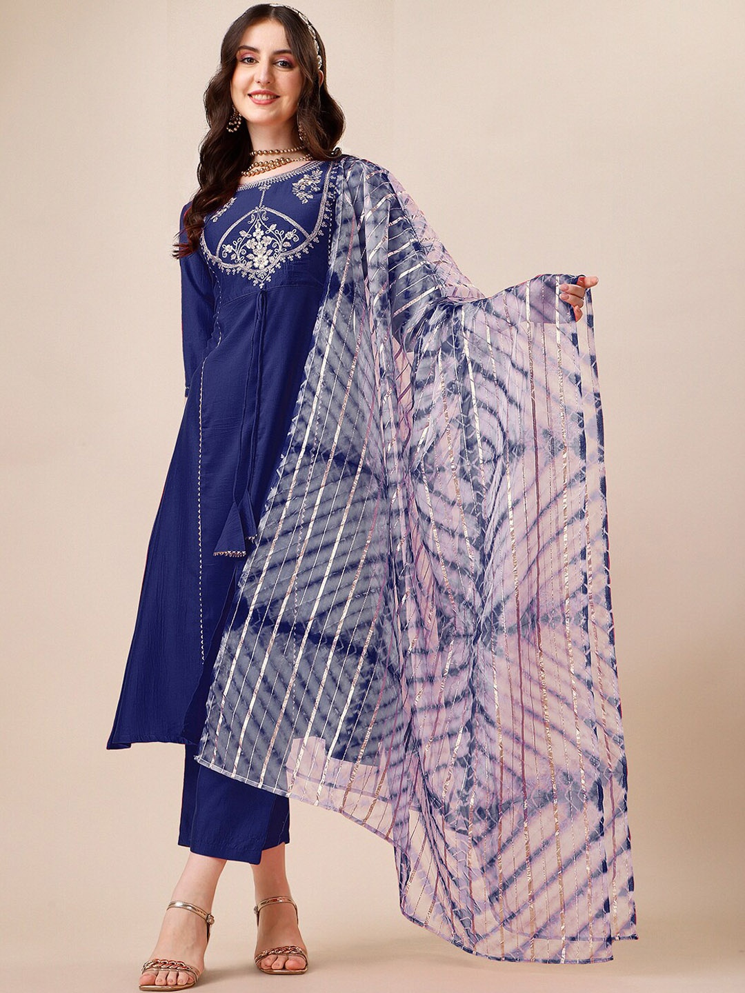 

KALINI Ethnic Motifs Yoke Design Thread Work Detail A-Line Kurta & Trouser With Dupatta, Navy blue