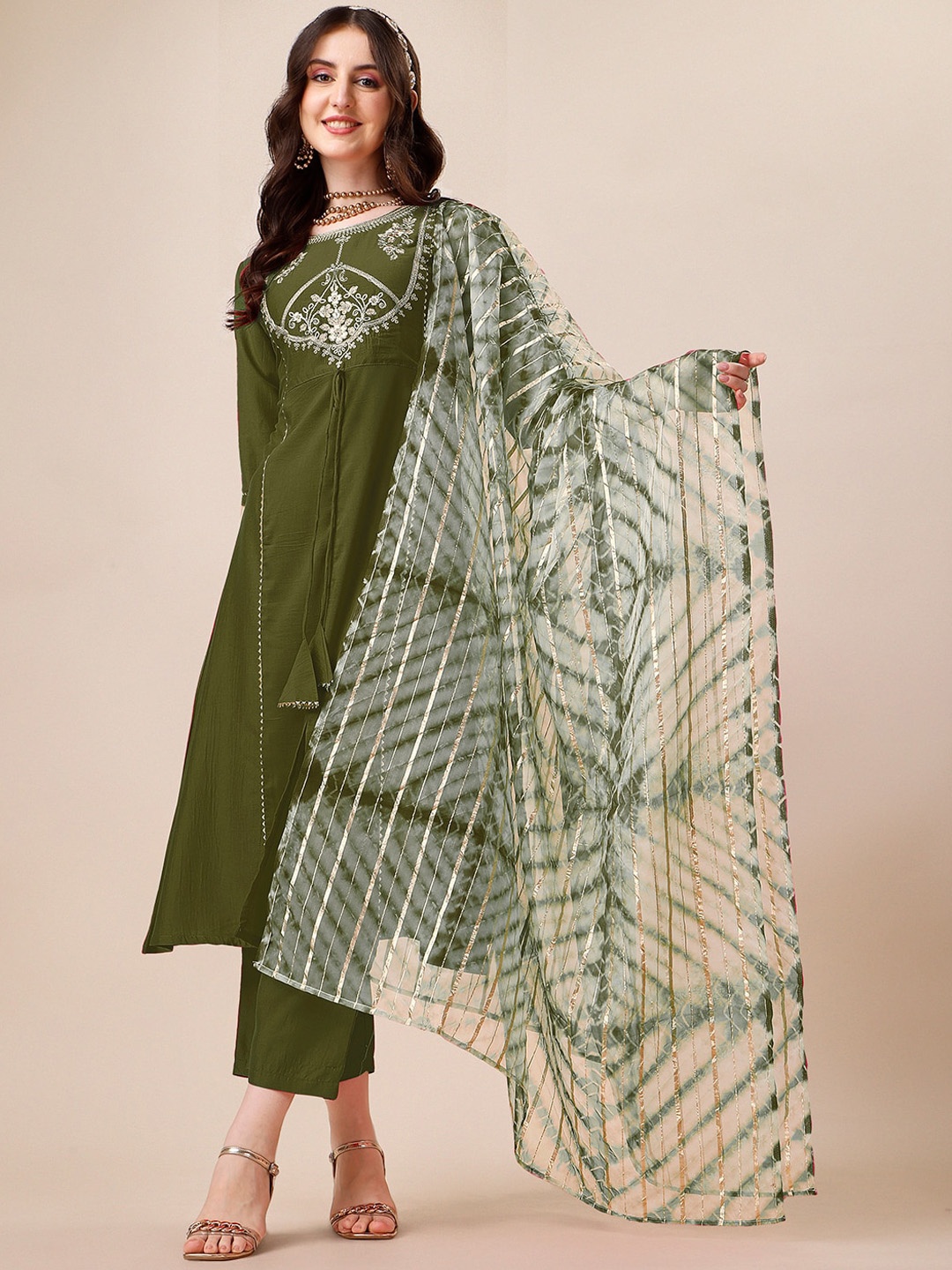 

KALINI Ethnic Motifs Yoke Design Thread Work Detail A-Line Kurta & Trouser With Dupatta, Olive