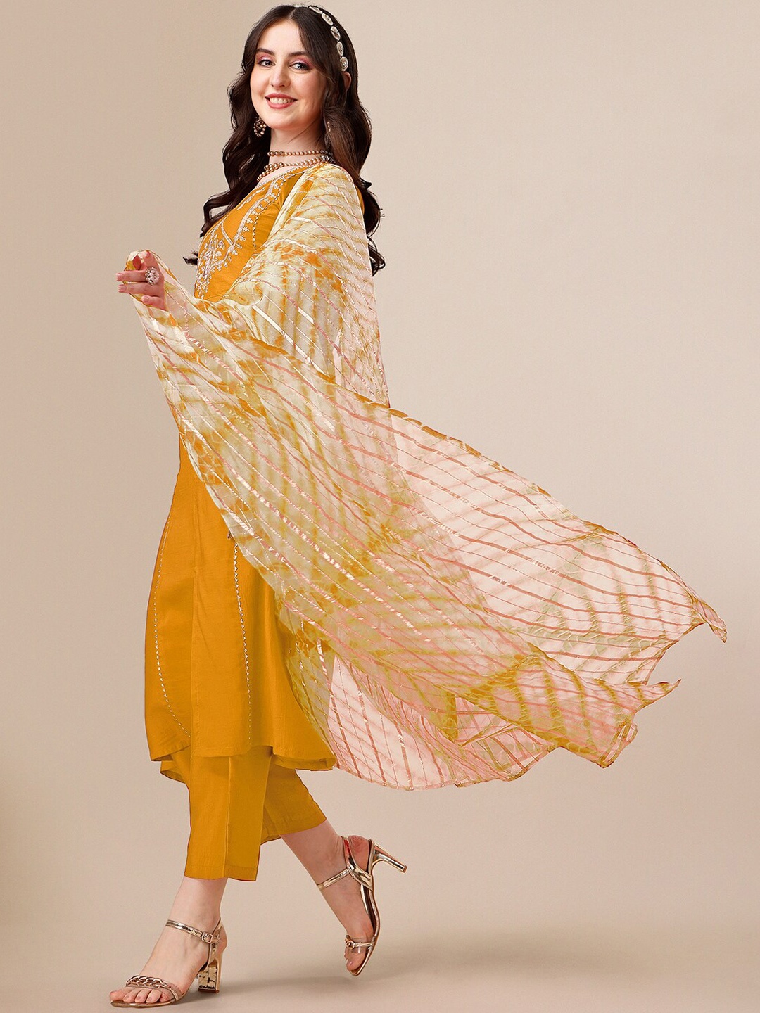 

KALINI Ethnic Motifs Yoke Design Gotta Patti A-Line Kurta & Trousers With Dupatta, Mustard