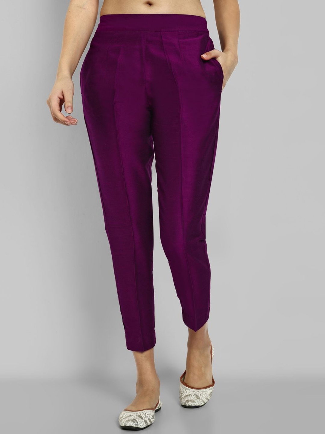 

Mera Rang Women Relaxed Straight Leg Wrinkle Free Cotton Peg Trousers, Purple