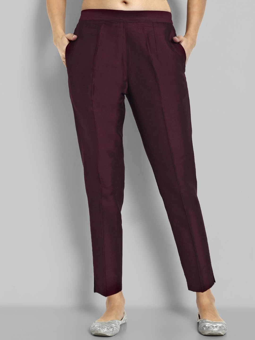 

Mera Rang Women Relaxed Straight Leg Wrinkle Free Cropped Cotton Silk Ethnic Trousers, Burgundy