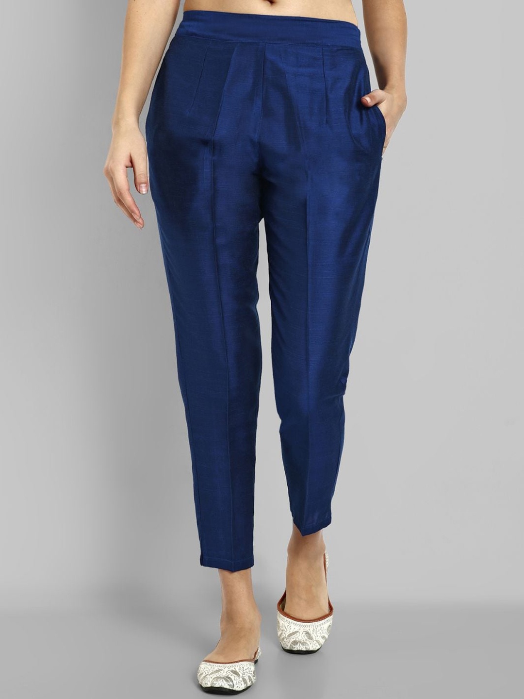 

Mera Rang Women Relaxed Straight Leg Wrinkle Free Cotton Peg Trousers, Blue