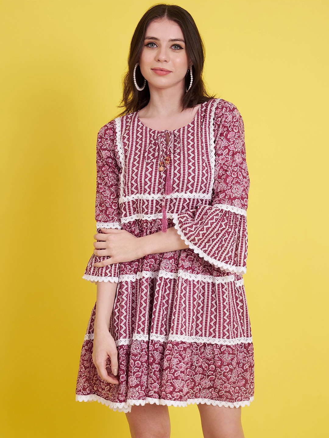 

Vbuyz Ethnic Motifs Printed Bell Sleeves With Pom-Pom Detail Fit & Flare Cotton Dress, Maroon