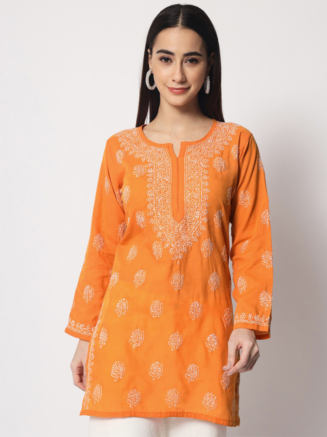 

PARAMOUNT CHIKAN Ethnic Motifs Embroidered Lucknowi Chikankari Kurti, Orange