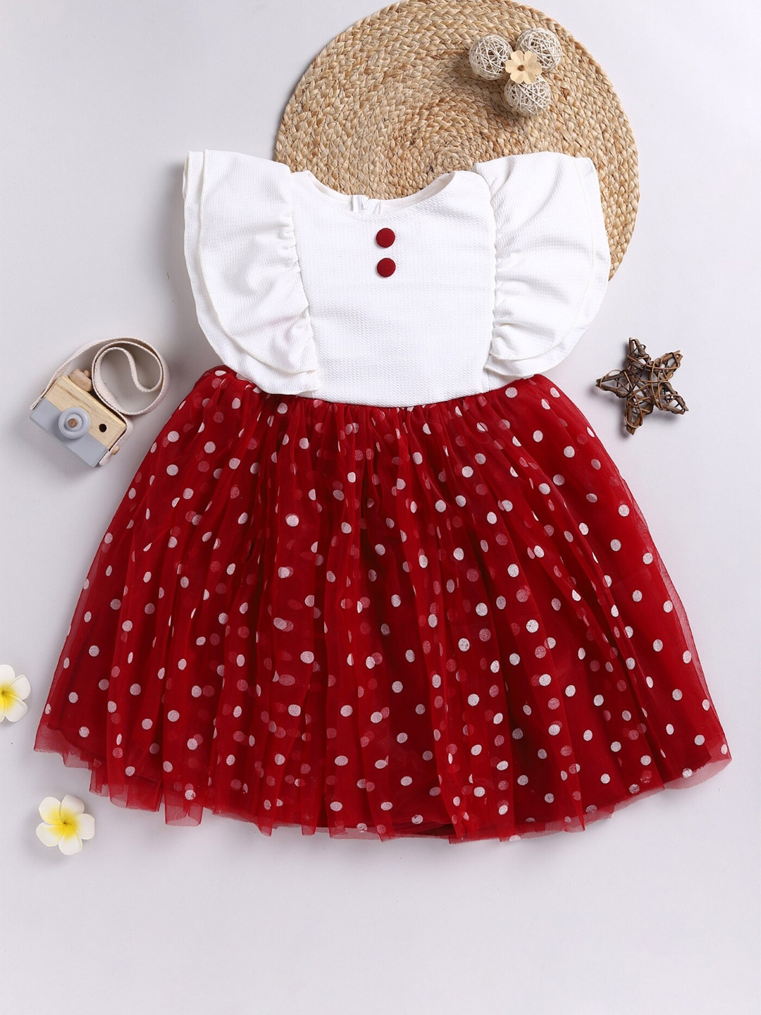 

Toonyport Girls Polka Dots Printed Cap Sleeve Gathered Net Fit & Flare Dress, Red