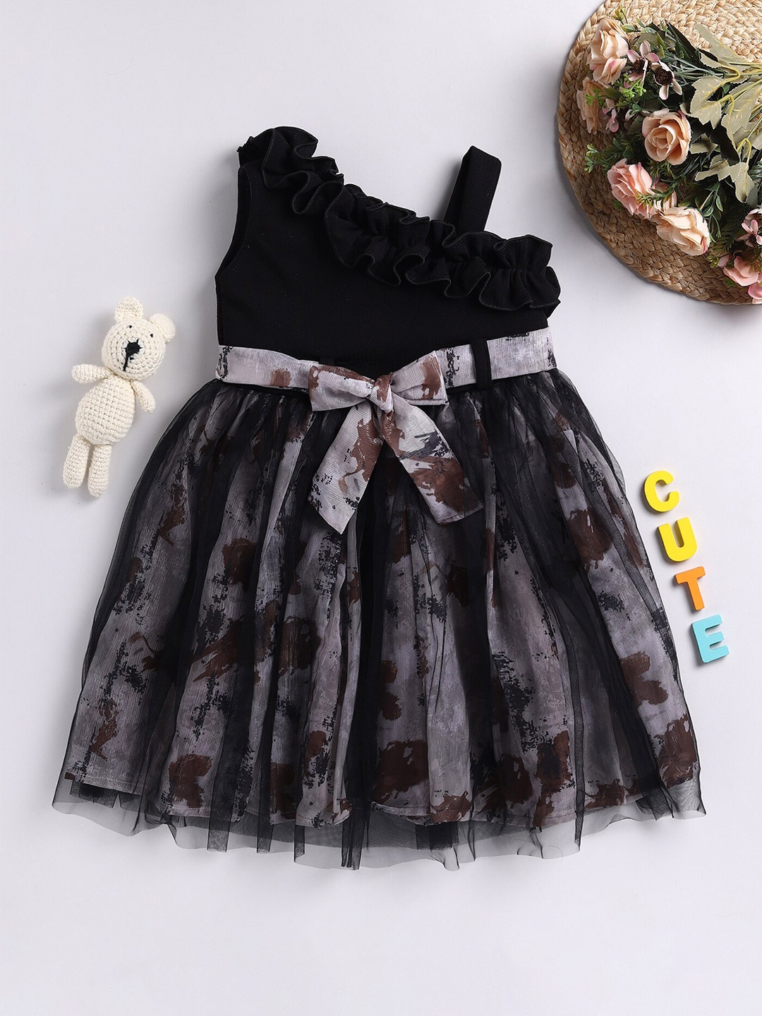 Toonyport Girls Floral Printed Asymmetric Neck Shoulder Straps Net Fit & Flare Dress, Black