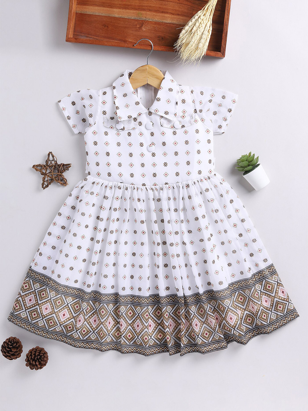 

Toonyport Girls Ethnic Motifs Printed Shirt Collar Net Fit & Flare Dress, White