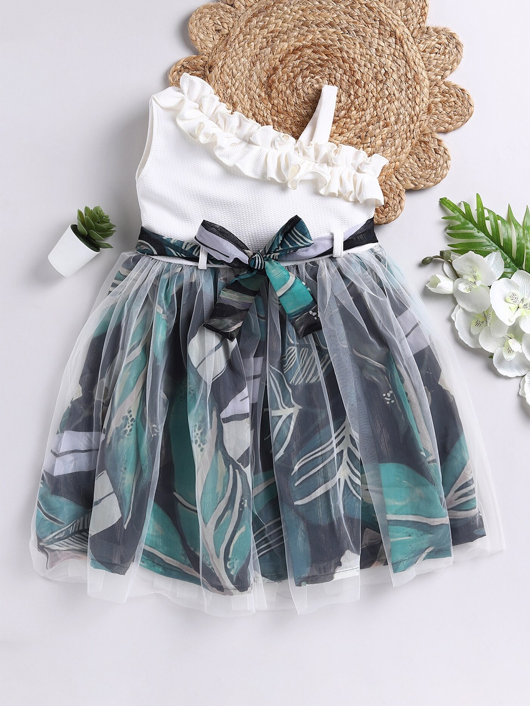 Toonyport Girls Floral Print One Shoulder Sleeves Fit & Flare Dress, Green