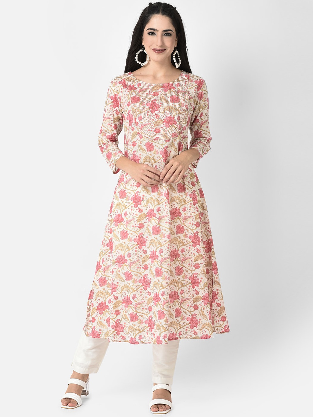 

Span Floral Printed Cotton A-Line Kurta, Pink