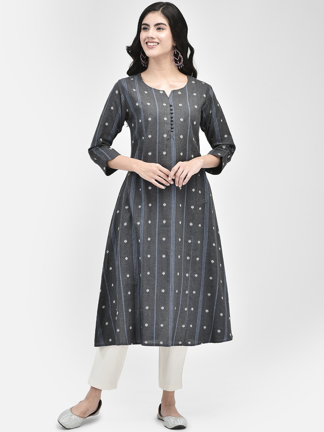 

Span Floral Printed Cotton A-Line Kurta, Grey