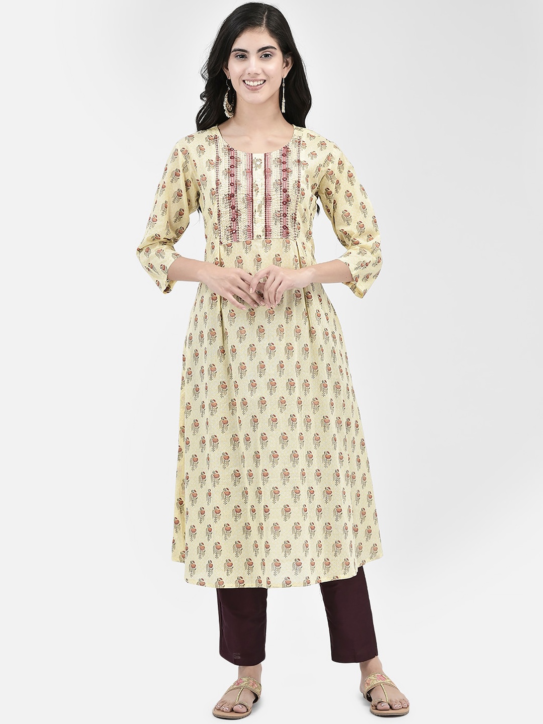 

Span Ethnic Motifs Printed hread Work Cotton A-Line Kurta, Yellow