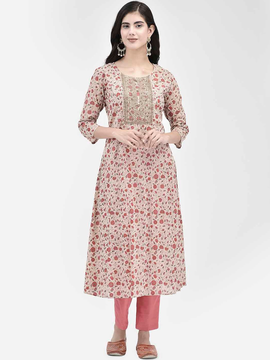 

Span Floral Printed Thread Work A-line Kurta, Beige