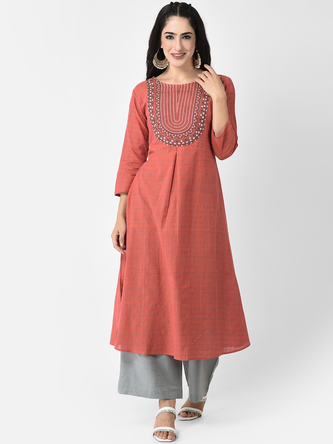 

Span Checked Thread Work Cotton A-Line Kurta, Red