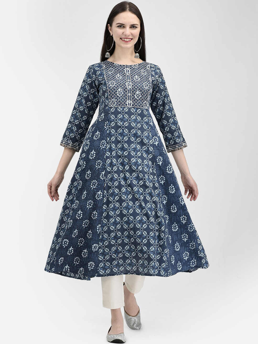 

Span Ethnic Motifs Printed Cotton A-Line Kurta, Blue