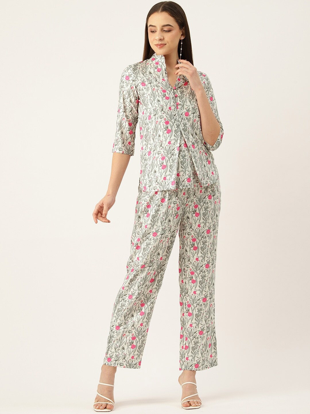 

SIRIKIT Printed Mandarin Collar Top With Trousers, Beige
