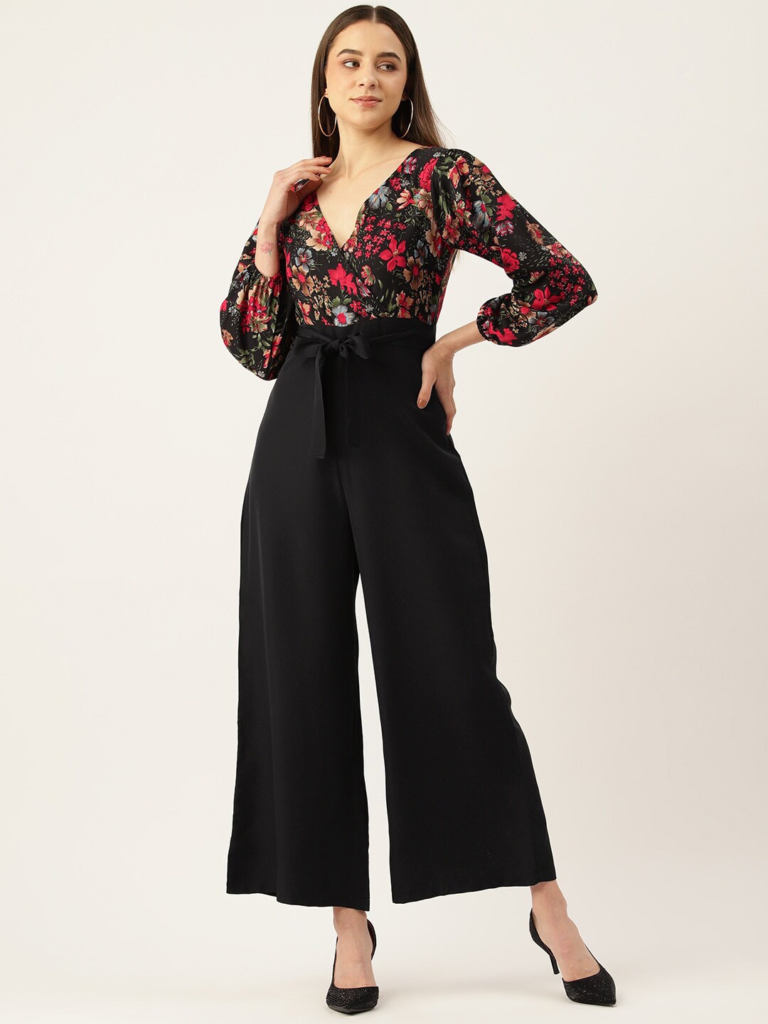 

SIRIKIT Printed V-Neck Waist Tie-Ups Basic Jumpsuit, Black